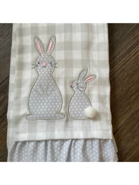 Shabby Chic Embroidered Easter Bunny Gray and White Set of 2 Kitchen Towels NWT